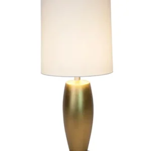 Tischleuchte Omega Sottile Grande mit goldener Keramikbasis und cremefarbenem Stoffschirm, Frontansicht