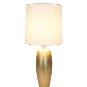 Tischleuchte Omega Sottile mit goldenem Keramikfuß, ovalem Design und rundem Textilschirm in Creme, Frontansicht