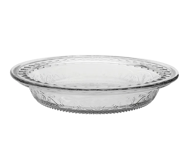 Elegante Glas-Pieform mit dekoriertem Rand, ideal für Apple- oder Pumpkin-Pies
