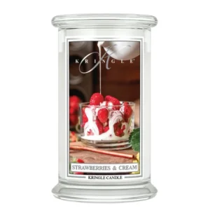 Kringle Candle Large Strawberries & Cream Duftkerze – frischer Erdbeerduft mit Sahne, Rose & Vanille