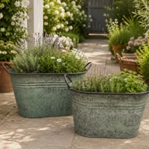 Zinkwanne Antik-Grün Vintage Pflanzgefäß mit Griffen Garten Terrasse Balkon