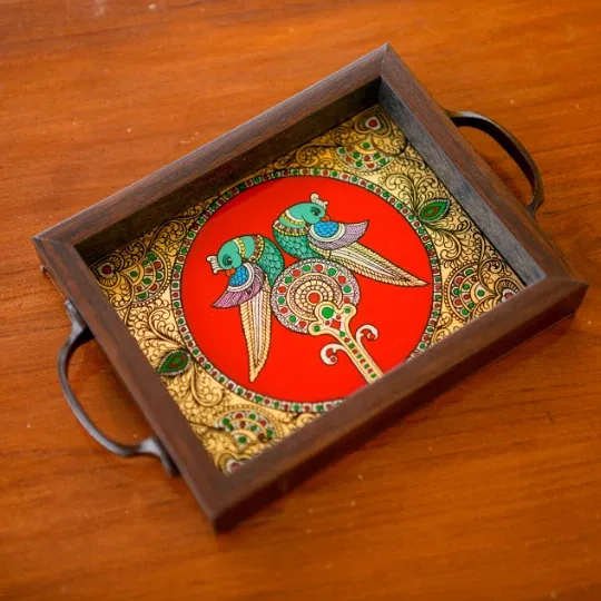 Reverse Glass Tanjore Style Parrot Tray