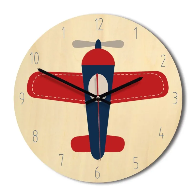Kinderzimmer Wanduhr Holz mit Flugzeug