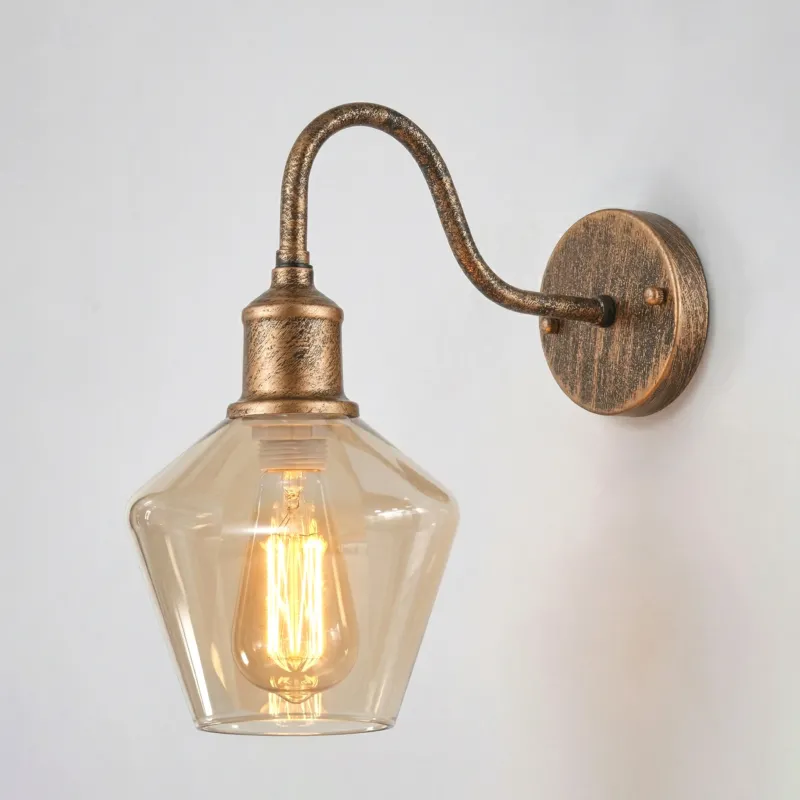 Wandleuchte im Vintage-Industriestil aus Kupfer mit bernsteinfarbenem Glas, E27~3677