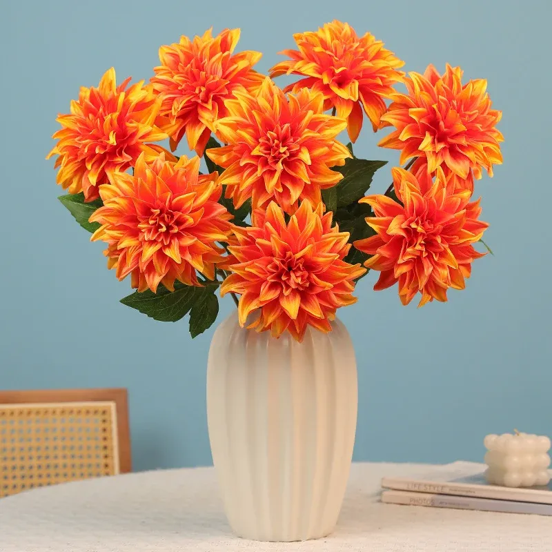 Bulk-Set 8 Stück Sonnenuntergang-Orange Faux-Dahlien – 53 cm hohe Kunstblumen für herbstliche Hochzeitsdeko & Vase (Vase nicht inklusive)