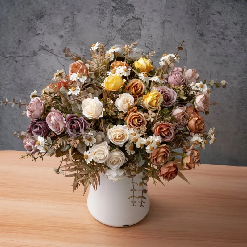 6 Kopf Kunstrosen Bouquet 33 cm, realistische Optik, ideal für Hochzeiten, Wohnraumdekoration, Cafés und Geschäfte