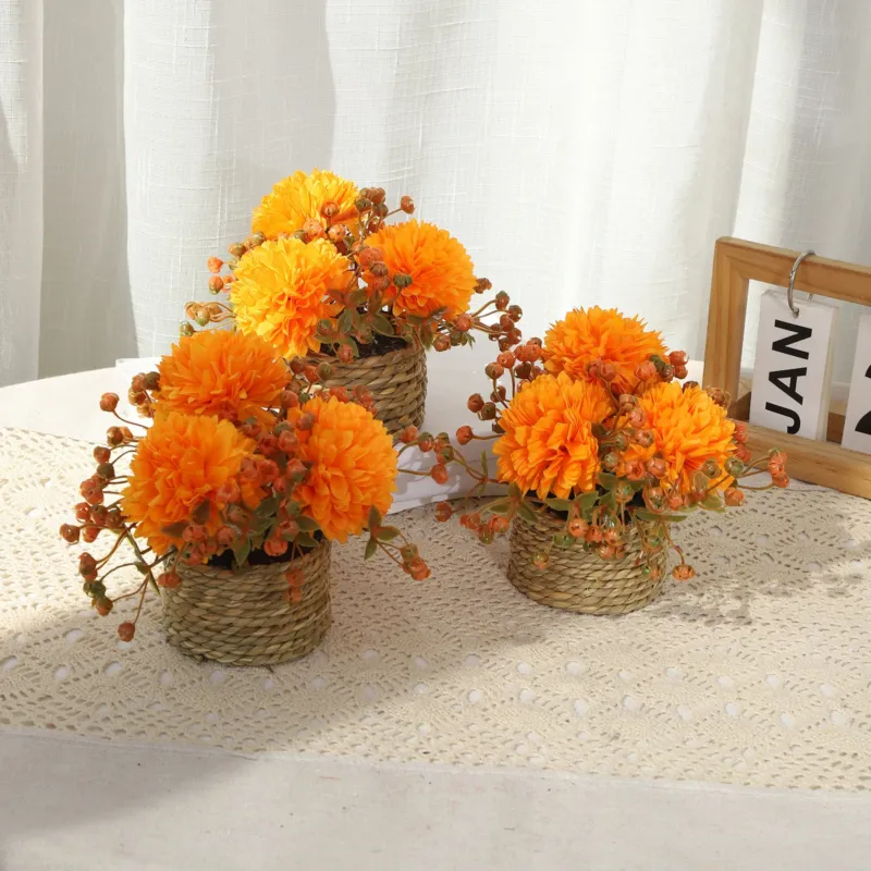 Künstliche Chrysanthemen im Topf, 2er-Set, 14cm | Naturgetreue Kugel-Chrysantheme in Herbstfarben für Tischdeko, Hochzeit, Gastronomie