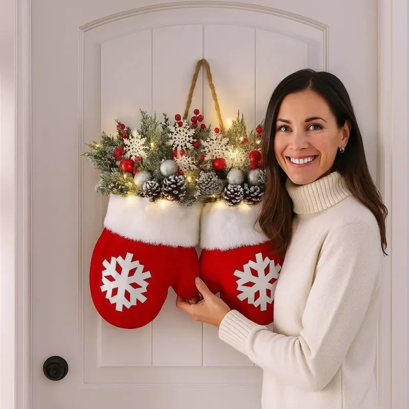 Weihnachtskranz mit Handschuh-Dekor, 40 cm, LED-Beleuchtung, für Innenraum, Wohnzimmer, Geschäfte, Events