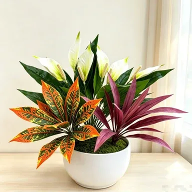Künstliche Topfpflanzen Set: 3x Dracaena, Dieffenbachia & Croton – 58 cm hoch – Innenraum-Deko für Büro, Hochzeit, Café, Hotel