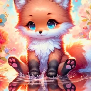 Diamond Painting Set: Niedlicher kleiner Fuchs mit blauen Augen und Blumen in Wasser spiegelnd, 30x45cm