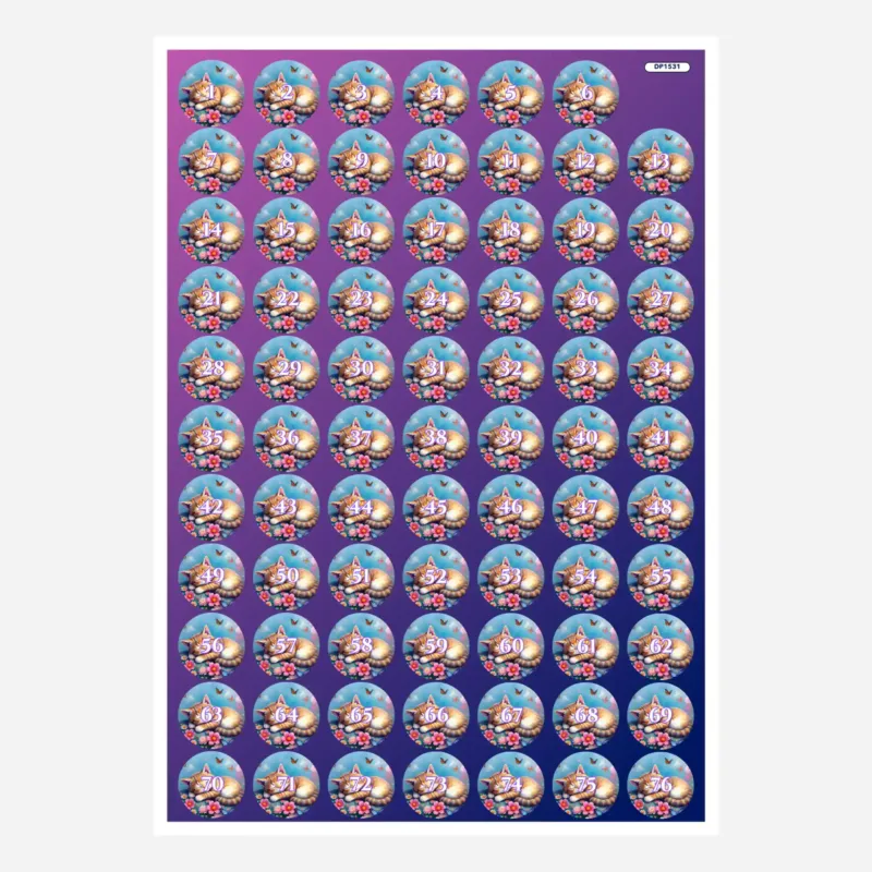 Döschenaufkleber für Diamond Painting mit niedlichem Katzen-Motiv in Blau- und Violetttönen zur Organisation der Steine.