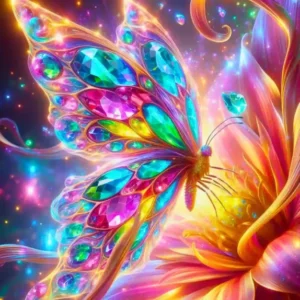 Diamond Painting mit buntem Kristall-Schmetterling auf einer leuchtenden Fantasieblume in Regenbogenfarben