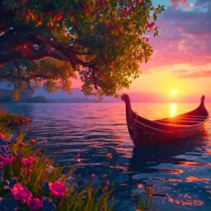 Diamond Painting Set mit magischer Uferlandschaft, Boot im Wasser, Blumen und romantischem Sonnenuntergang.