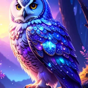 Diamond Painting Set Hüterin der Dämmerung: Magische blaue Eule mit leuchtenden Augen im Märchenwald bei Nacht.