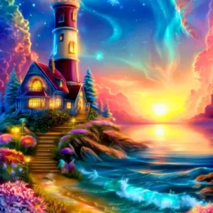 Diamond Painting Set eines magischen Leuchtturms am Meer mit buntem Sternenhimmel, Blumen und sonnigem Horizont