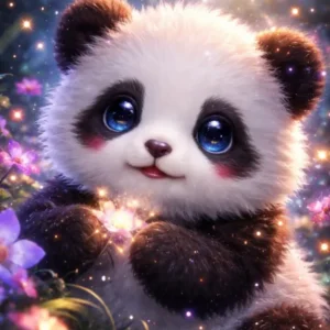 Diamond Painting Set mit niedlichem Pandababy, umgeben von leuchtenden Blumen und Schmetterlingen im magischen Wald.