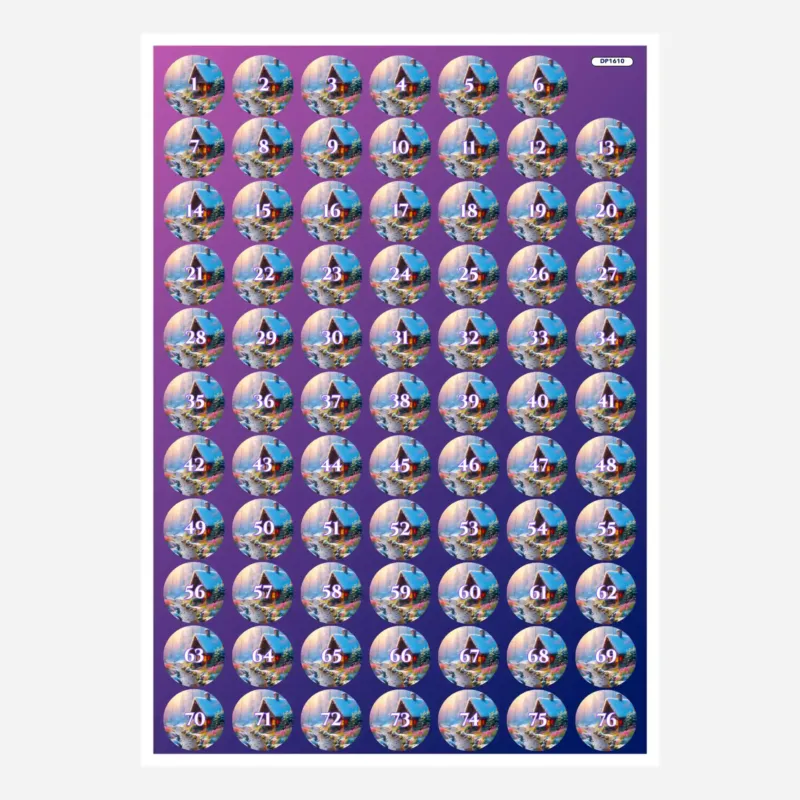 Döschenaufkleber-Set für Diamond Painting Motiv Wintermorgen mit nummerierten runden Stickern zur geordneten Steinsortierung