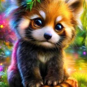 Diamond Painting Set Kind des Waldes mit süßem rotem Panda Baby, Blumenkranz und bunten Waldlichtern im magischen Stil