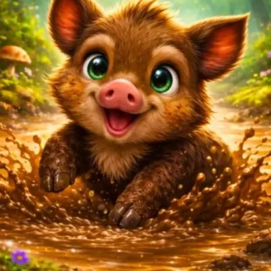 Diamond Painting Set Pfützenglück mit niedlichem Wildschweinbaby, das in einer Matschpfütze im Märchenwald spielt.
