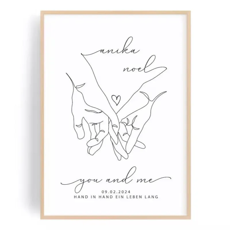 Lineart Hochzeitsgeschenk – Hand in Hand Bild für Brautpaar