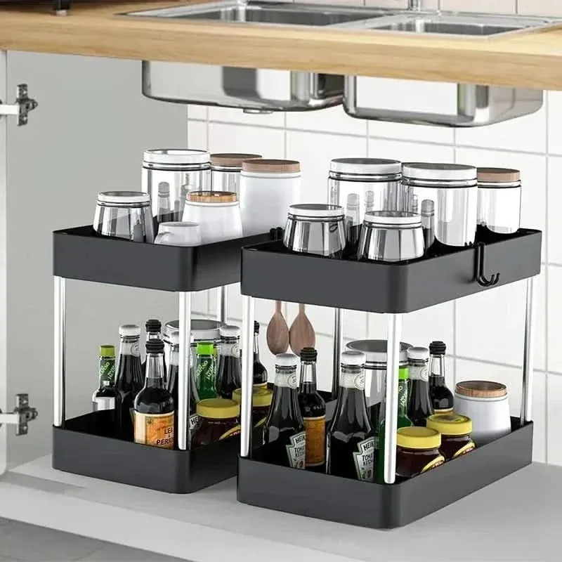 2-Tier Under Sink Organizer with Sliding Baskets & Hooks for Kitchen and Bathroom Storage 2