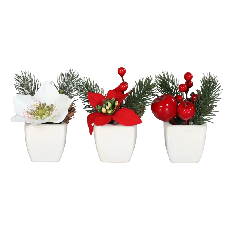 Künstliches Weihnachts-Arrangement - Brisu, 12 cm, Kunstpflanze von aplanta, inkl. Dekotopf, 3 Stück, in weißer Schale