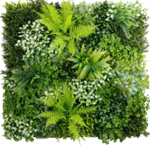 Die künstliche Hecke Cloe 100x100 cm UV ist ein quadratischer vertikaler Garten mit einer Mischung aus üppigen grünen Pflanzen und Farnen mit unterschiedlichen Blattformen, -größen und -tönen für eine dichte, strukturierte und lebendige Laubwand.