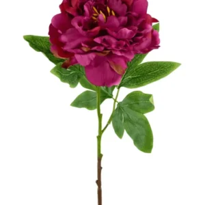 Die Kunstblume Pfingstrose 61 cm rosa ist eine einzelne Kunstblume in Form einer Pfingstrose in Dunkelrosa mit geschichteten Blütenblättern und grünen Blättern auf einem braunen Stiel, dargestellt vor einem weißen Hintergrund.