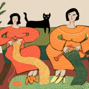 Women knitting on couch with black cat