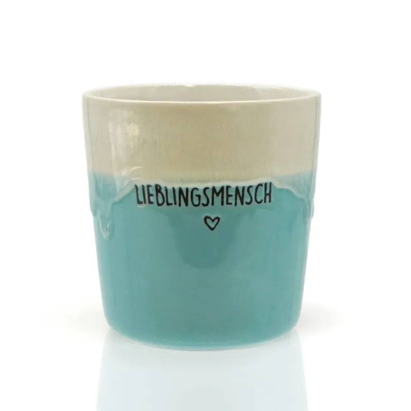 Mea Living Becher „Lieblingsmensch“ aus Steingut – Hellblau – 280 ml – Handgemachte Tasse Geschenkidee