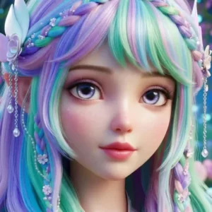 Diamond Painting Set Feenprinzessin Elara mit pastellfarbenen Haaren, Blumen und glitzernden Details im Fantasy-Stil