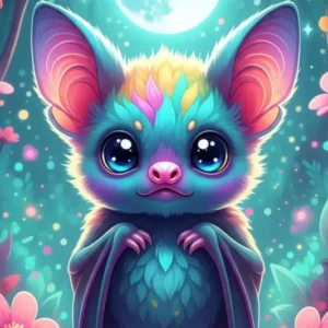 Diamond Painting Set: Niedliche bunte Fledermaus Freddy im magischen Wald vor einem Vollmond umgeben von Blumen