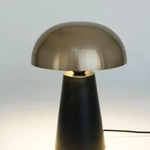 Tischlampe Fungo mit rundem Metallschirm Ø 32cm, schwarzer Keramikfuß, Frontansicht