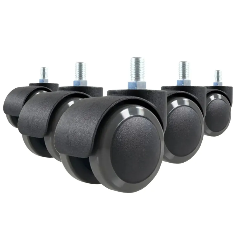 Fünf schwarze Stuhlrollen 5x ROLO M10/50mm für Hartböden mit silbernen Gewindebolzen von hjh OFFICE