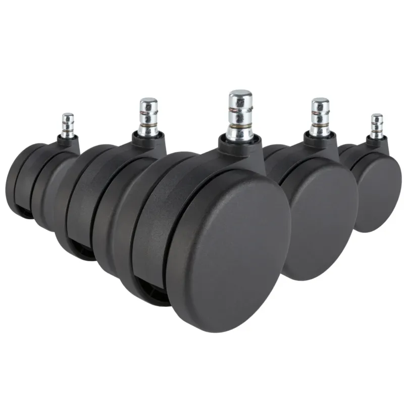 Fünf schwarze Stuhlrollen 5x ROLO No-Noise 11mm/75mm für Teppichböden mit silberfarbenen Metallstiften von hjh OFFICE