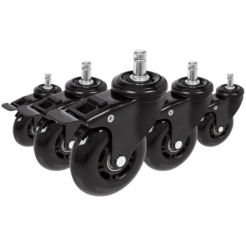 Fünf schwarze Stuhlrollen 5x ROLO SKATE S 11mm/75mm mit Feststellbremsen für Hartböden von hjh OFFICE