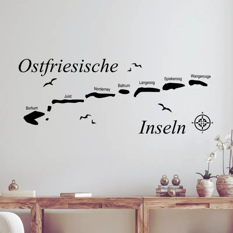 Wandtattoo Ostfriesische Inseln in Schwarz mit Kompass.