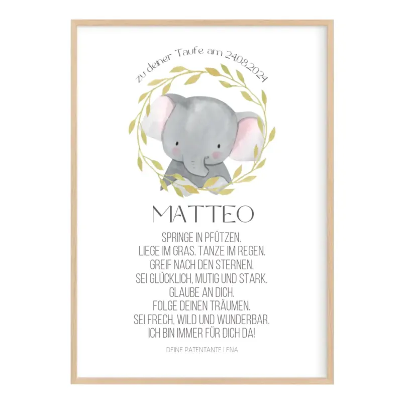 Taufgeschenk Elefant personalisiert | Taufspruch Bild für Patenkind mit Namen & Datum