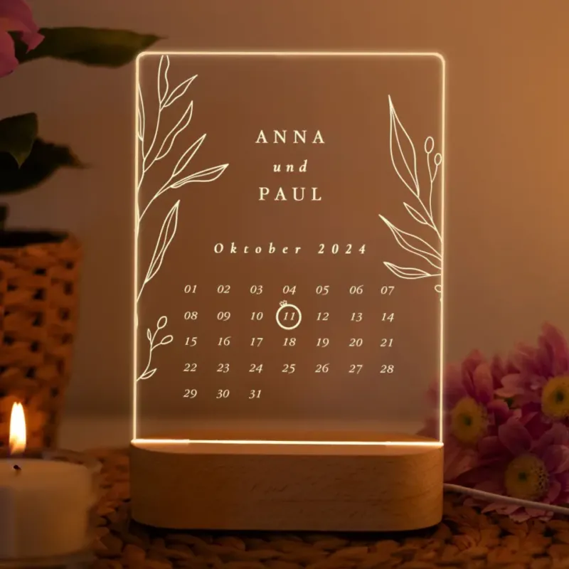 Minimalistische LED Kalenderlampe mit Namen – Persönliches Hochzeitsgeschenk