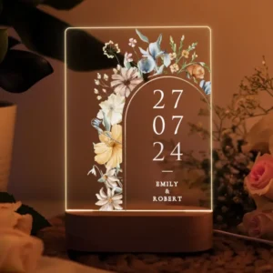 Florale LED Acryl Lampe mit Wunschdatum – Romantisches Geschenk für Hochzeitspaare