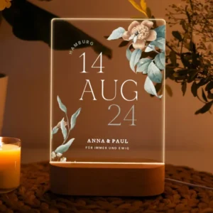 Personalisierte Acryl LED Lampe – Florales Hochzeitsgeschenk mit Wunschdatum und Namen