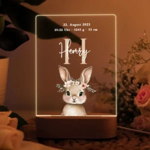 Personalisierte LED Geburtslampe mit Hase und Namen