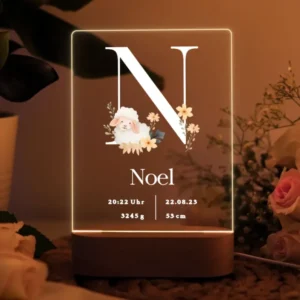 Personalisierte LED Geburtstafel mit Schäfchen – Süßes Baby Nachtlicht im Bauernhof Stil