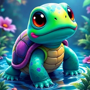 Diamond Painting Mini Donatello: Süße Babyschildkröte im Teich mit bunten Blumen für ein farbenfrohes DIY-Kunstwerk.