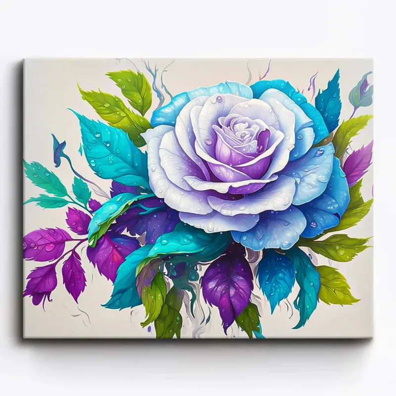 Malen nach Zahlen für Erwachsene: Leuchtende blaue und violette Rose mit Wassertropfen als detailliertes DIY-Set