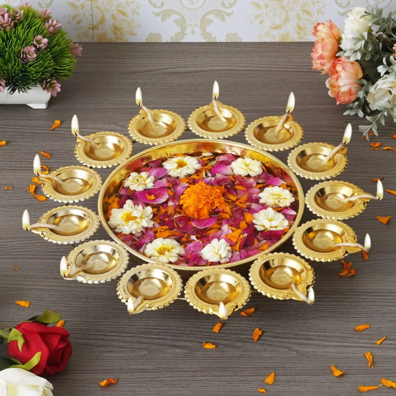 Metal Urli Bowl with Diya around