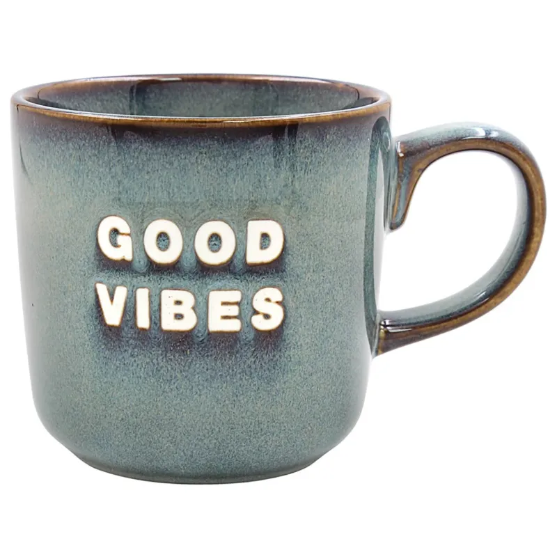 Hochwertige Keramiktasse "Good vibes" blau-braun im modernen Design