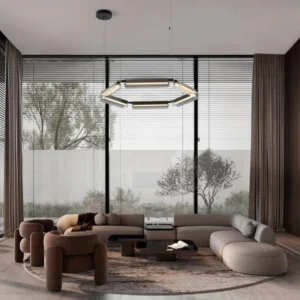 Apnea LED Pendelleuchte Hexagon Schwarz, Gold moderne Designer-Hängelampe über stilvoller Wohnlandschaft