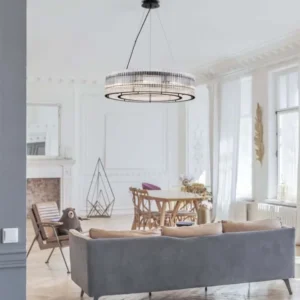 Barok Pendelleuchte Ø 70cm Schwarz im modernen Wohnzimmer, elegante LED-Hängelampe mit Glasstäben