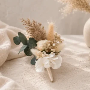 Boho Bräutigam Anstecker aus Trockenblumen mit Infinity-Rose, Eukalyptus, Hortensie und Schleierkraut – passend zum Brautstrauß